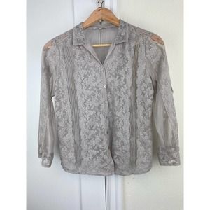 Armand Ventilo Women's Size 36 Gray Sheer Mesh Lace Embroidered Button Up Shirt